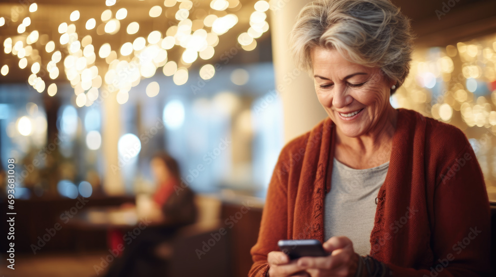 This portrait features a joyful 60-year-old woman with her smartphone, showcasing her tech-savvy nature. This portrait features a joyful 60-year-old woman with her smartphone, showcasing her tech-savvy nature.