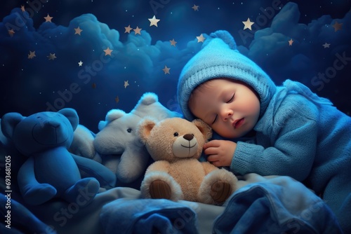 a baby is sleeping in his blue blanket with bears