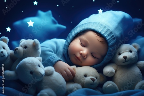 a baby is sleeping in his blue blanket with bears