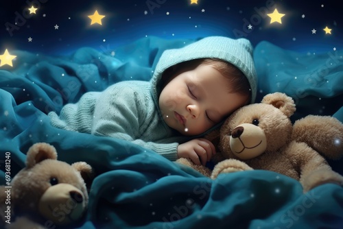 a baby is sleeping in his blue blanket with bears