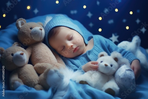 a baby is sleeping in his blue blanket with bears