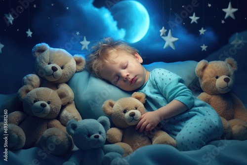 a baby is sleeping in his blue blanket with bears