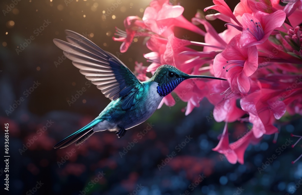 Obraz premium a blue bird flying among red and white flowers