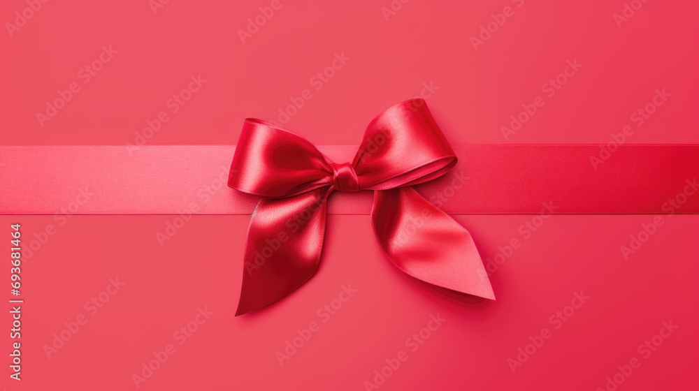 A vibrant red gift ribbon with a line against a pink background