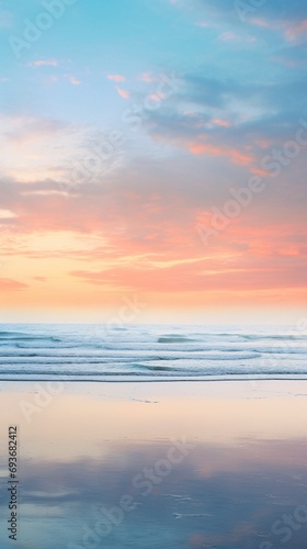 A tranquil beach at dawn, with a misty horizon where the sea meets the sky © Ammar