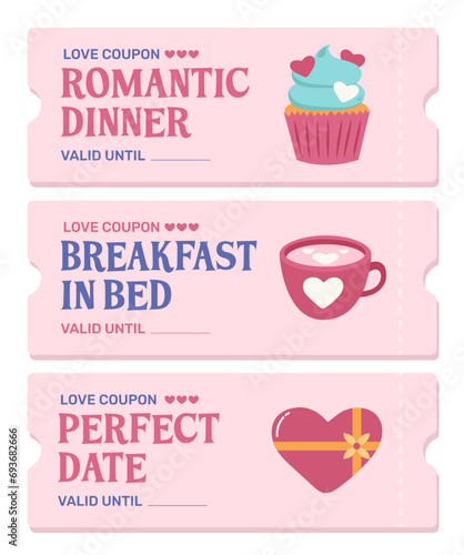 Valentine’s day coupon set. Love tickets for romantic dinner, breakfast, date. Romantic elements with text. Vector illustration.