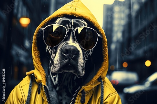 stylish dog in a yellow, orange jacket and sunglasses on a dark background. fashionable pet. brutal puppy