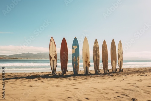 a row of surfboards at the beach