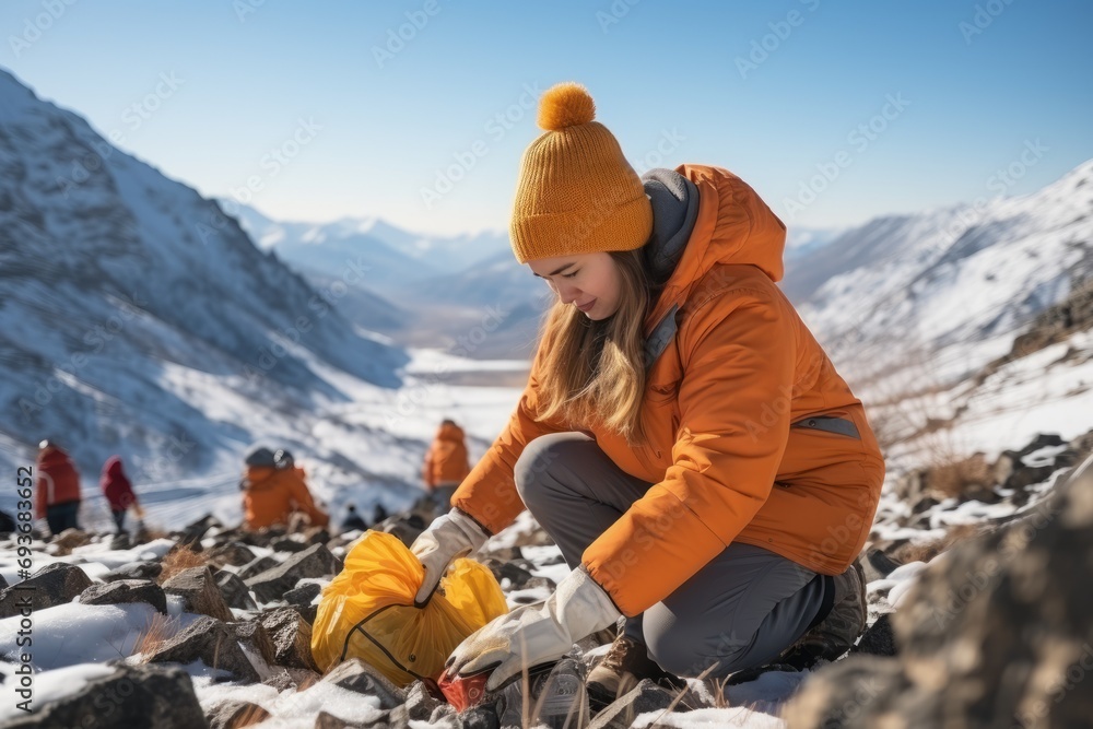 Volunteers in yellow uniforms remove trash from a snow-covered mountain. Concept: Cleaning up after tourists, caring for the planet, recycling waste
Volunteers in yellow uniforms remove trash from a snow-covered mountain. Concept: Cleaning up after tourists, caring for the planet, recycling waste