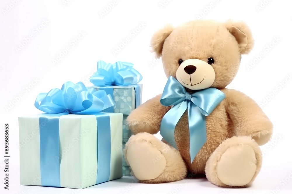 a bear sits next to blue gifts baby a bear sits next to blue gifts baby