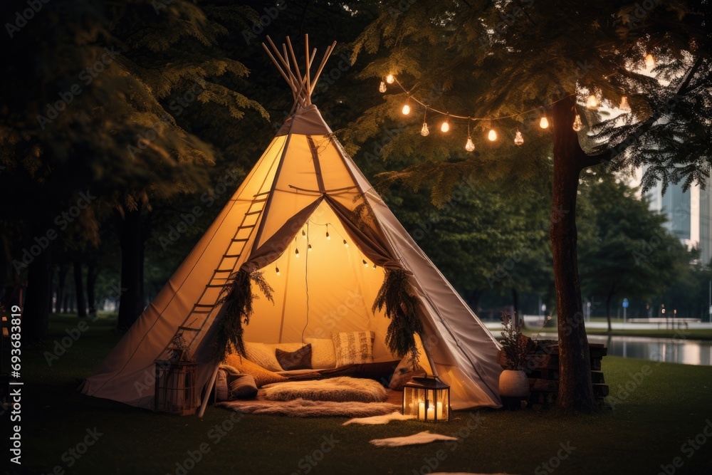 a tipi tent sitting on grass filled with tree branches