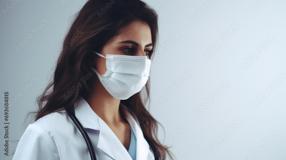 Gros plan sur un médecin portant un masque sur un fond vide. Équipement médical, médecins, blouse, virus. Hôpital, médecine, santé. Pour conception et création graphique. Gros plan sur un médecin portant un masque sur un fond vide. Équipement médical, médecins, blouse, virus. Hôpital, médecine, santé. Pour conception et création graphique.