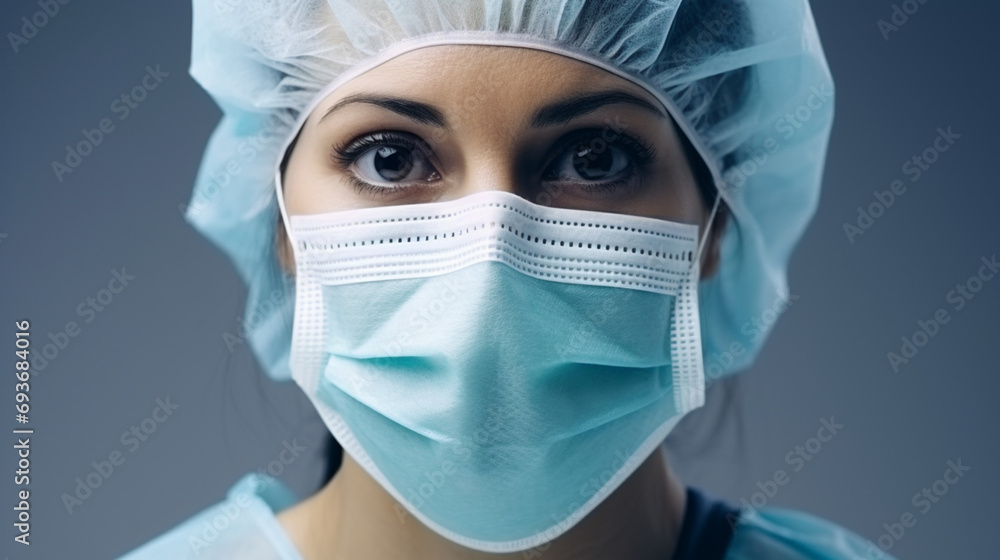 Gros plan sur un médecin portant un masque sur un fond vide. Équipement médical, médecins, blouse, virus. Hôpital, médecine, santé. Pour conception et création graphique. Gros plan sur un médecin portant un masque sur un fond vide. Équipement médical, médecins, blouse, virus. Hôpital, médecine, santé. Pour conception et création graphique.