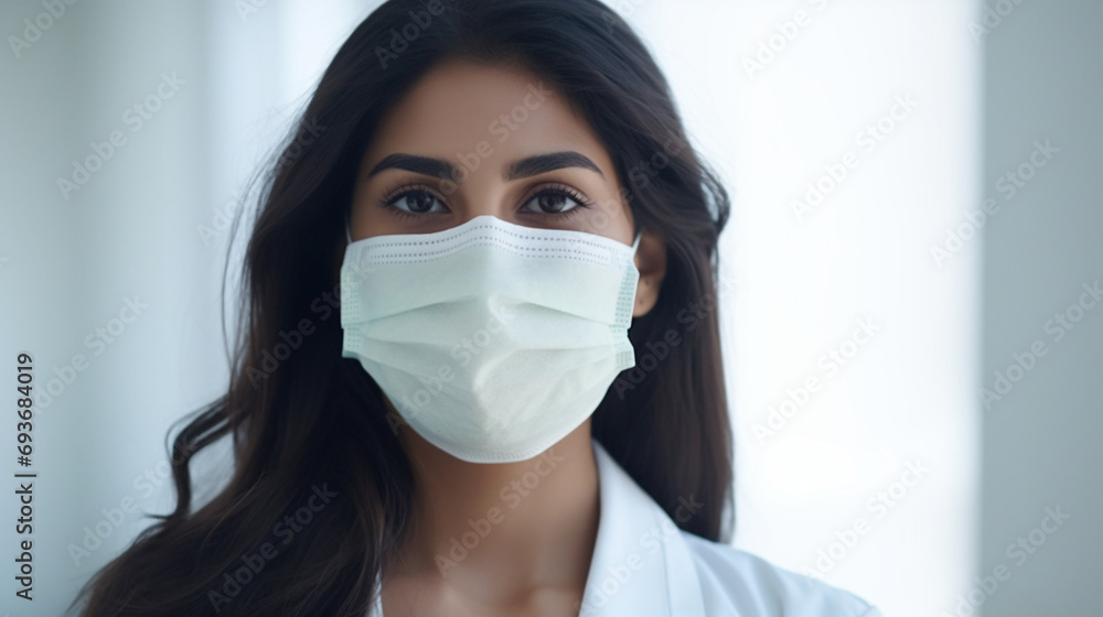 Gros plan sur un médecin portant un masque sur un fond vide. Équipement médical, médecins, blouse, virus. Hôpital, médecine, santé. Pour conception et création graphique. Gros plan sur un médecin portant un masque sur un fond vide. Équipement médical, médecins, blouse, virus. Hôpital, médecine, santé. Pour conception et création graphique.