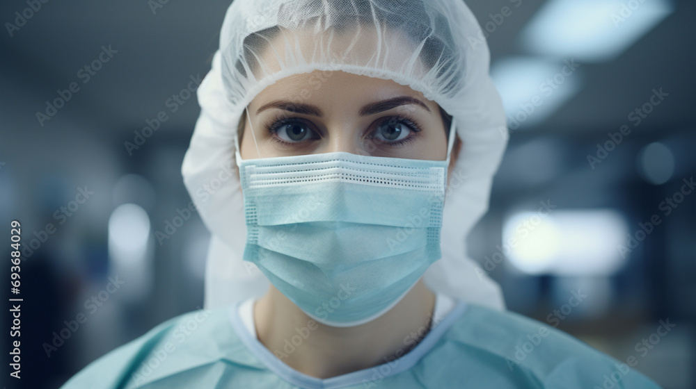Gros plan sur un médecin portant un masque sur un fond vide. Équipement médical, médecins, blouse, virus. Hôpital, médecine, santé. Pour conception et création graphique. Gros plan sur un médecin portant un masque sur un fond vide. Équipement médical, médecins, blouse, virus. Hôpital, médecine, santé. Pour conception et création graphique.