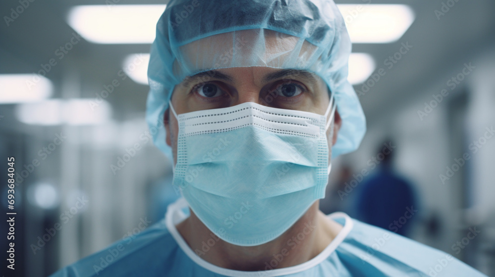 Gros plan sur un médecin portant un masque sur un fond d'hôpital. Équipement médical, médecins, blouse, virus. Hôpital, médecine, santé. Pour conception et création graphique.