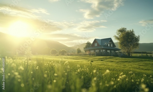 an image of a green field and house