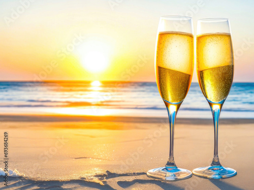Glasses of champagne. Romantic date at sunset on a sandy beach, ocean shore. With space for text. Generative AI
