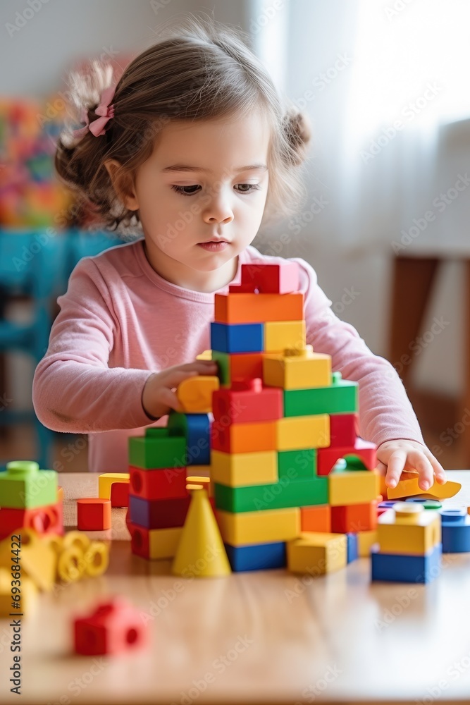 A child plays with building block toys in its own room A child plays with building block toys in its own room