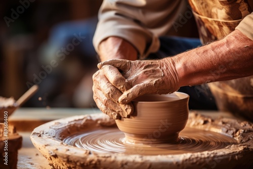 Hands of a potter making a clay pot, close-up. modern traditional, craft, craft, cultural. historical crafts photo
