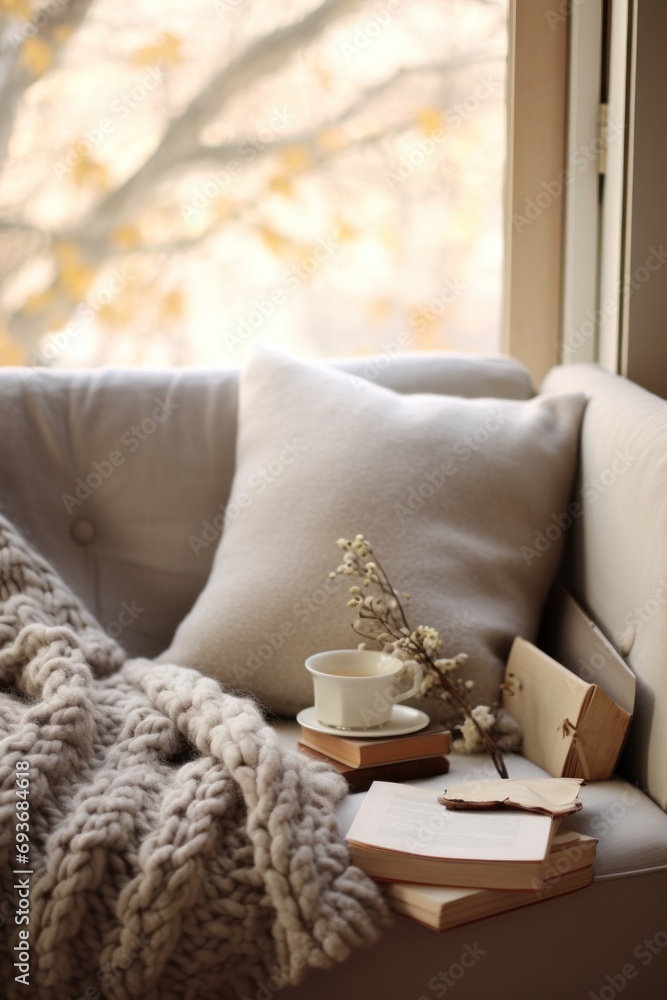 Cozy winter weekend morning with fluffy slippers, - obrazy, fototapety, plakaty 
