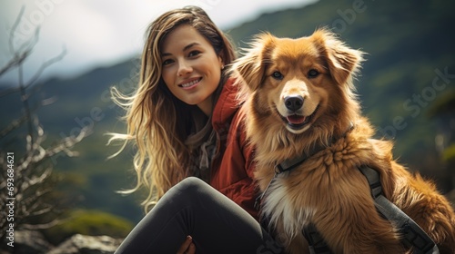 friendship concept picture of a backpacker and a dog travel together at beautiful mountain range.  © ANEK