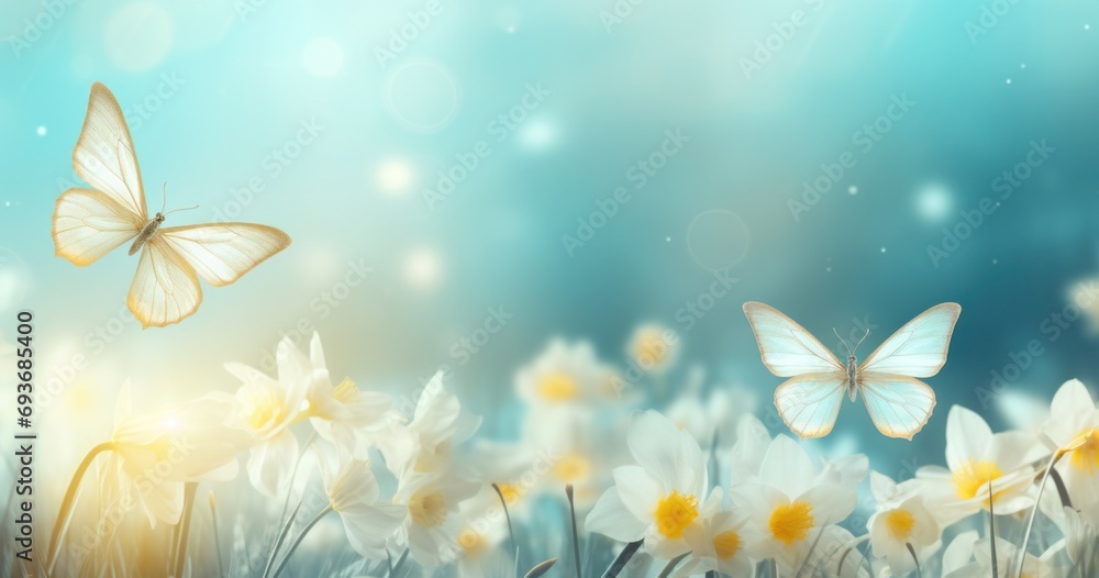 daffodils and butterflies on a yellow grass