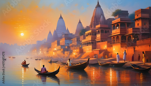 Oil painting on canvas, Ancient Varanasi city architecture at sunrise with view of sadhu baba enjoying a boat ride on river Ganges. India. photo