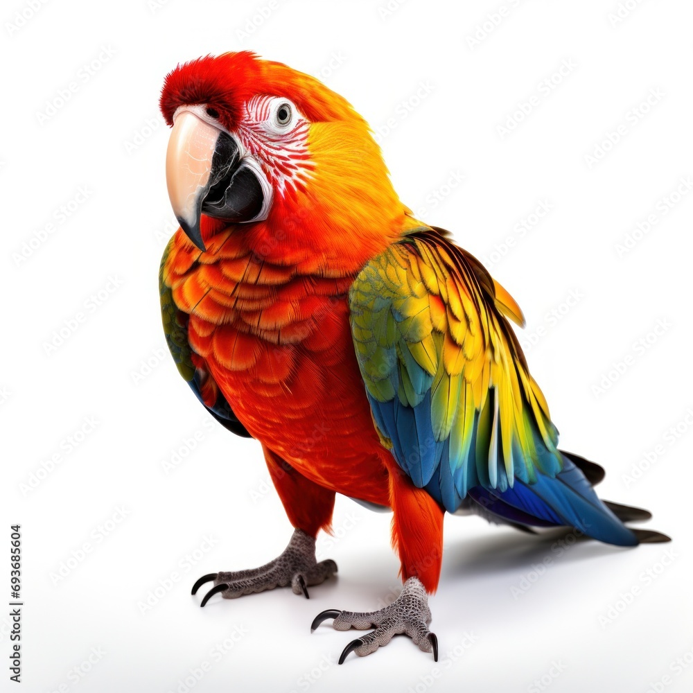 Exotic elegance: A parrot isolated on white, showcasing radiant plumage and charismatic allure --style raw --stylize 250 --v 5.2 Job ID: f2d843c0-3b3c-41e0-93eb-68476aeb29a3