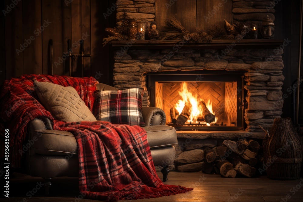 Cozy winter background with a crackling fireplace, plush blankets Cozy winter background with a crackling fireplace, plush blankets