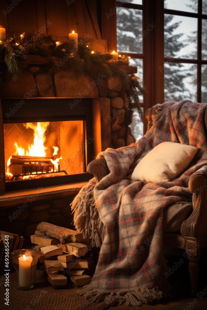Cozy winter background with a crackling fireplace, plush blankets