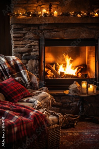 Cozy winter background with a crackling fireplace, plush blankets