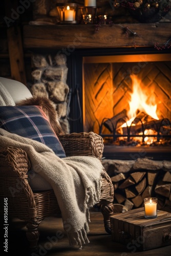 Cozy winter background with a crackling fireplace, plush blankets