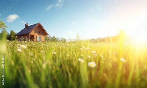 green grass in the field with a house in the background