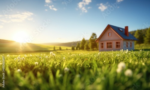 green grass in the field with a house in the background