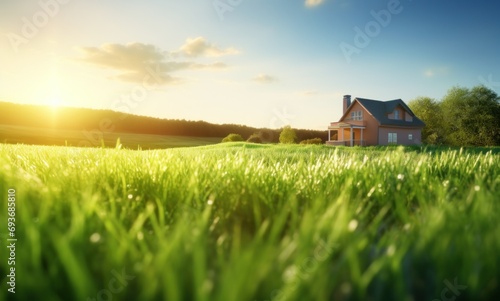 green grass in the field with a house in the background