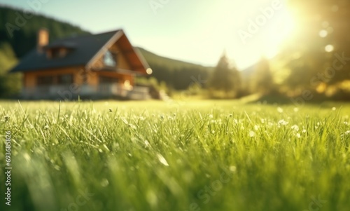 green grass in the field with a house in the background