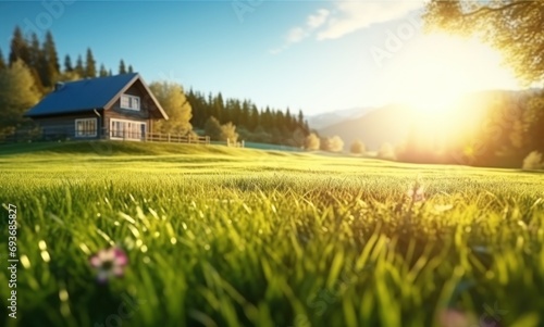 green grass in the field with a house in the background