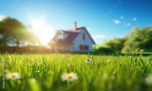 green grass in the field with a house in the background