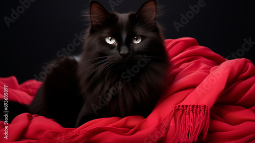 Gato majestoso preto com lenço vermelho vibrante photo