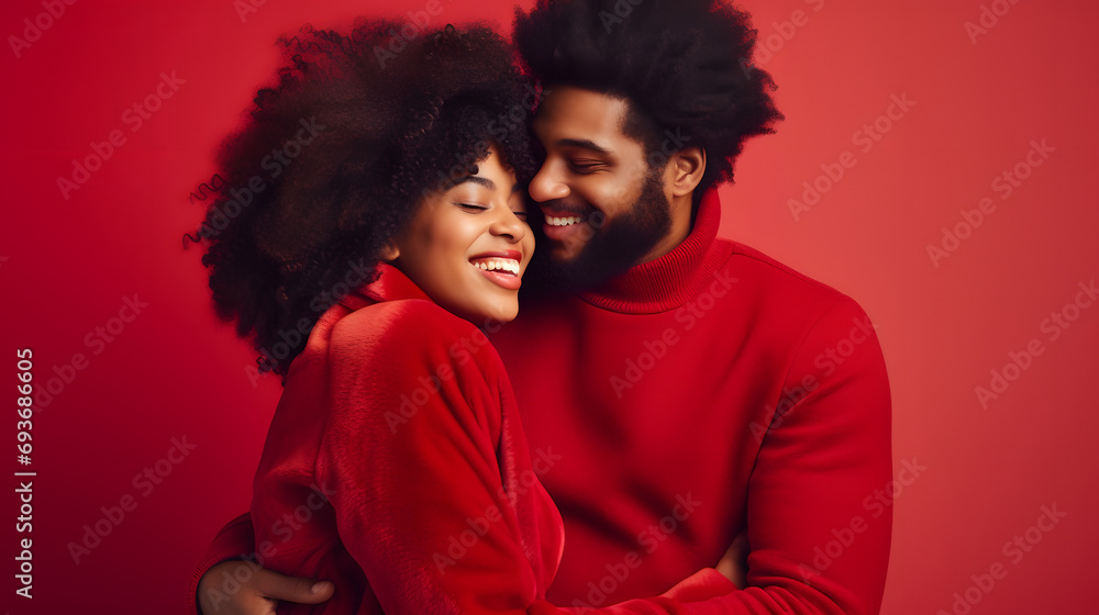 Portrait of a young black couple hugging, smiling in red clothes on a red background. A man and a woman in love are enjoying Valentine's Day. The concept of a romantic relationship for a photo shoot. - obrazy, fototapety, plakaty 