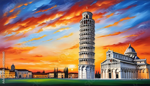 Oil painting on canvas, Pisa tower at sunset. Italy photo