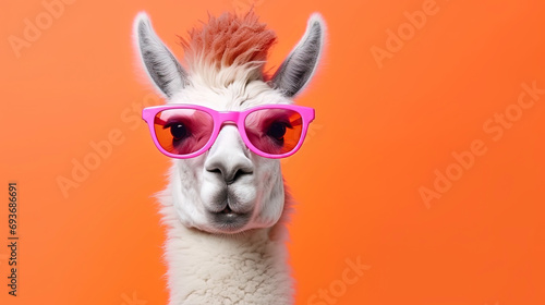 An affectionate llama with glasses standing out on a coral background