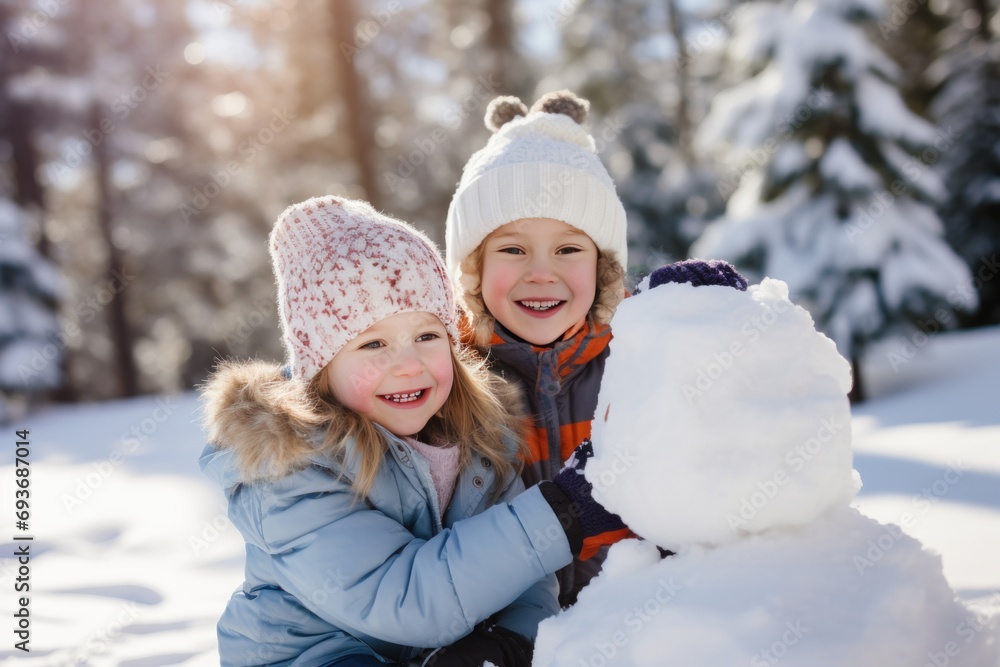 Family teamwork, building a snowman, smiles, and the magic of snowy togetherness Family teamwork, building a snowman, smiles, and the magic of snowy togetherness