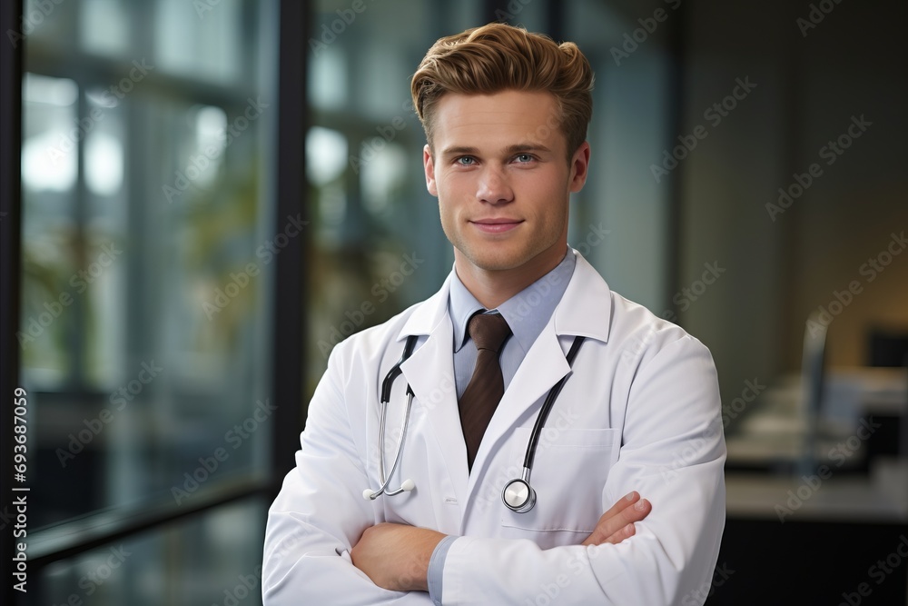 Confident male doctor with folded arms, posing on grey background for healthcare concept