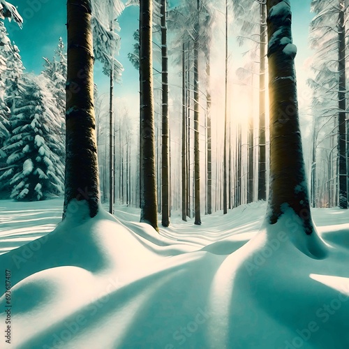 Snow Forest Mountain Tree Landscape Winter mountain. A serene winter landscape with a snow covered forest and mountain range, gleaming peaks, snow laden slopes