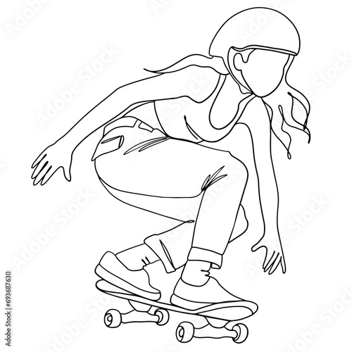 Crouched woman is rolling on a skateboard wearing a helmet linear vector art. Hand drawn vector in continuous line minimalist style of young skateboarder girl.