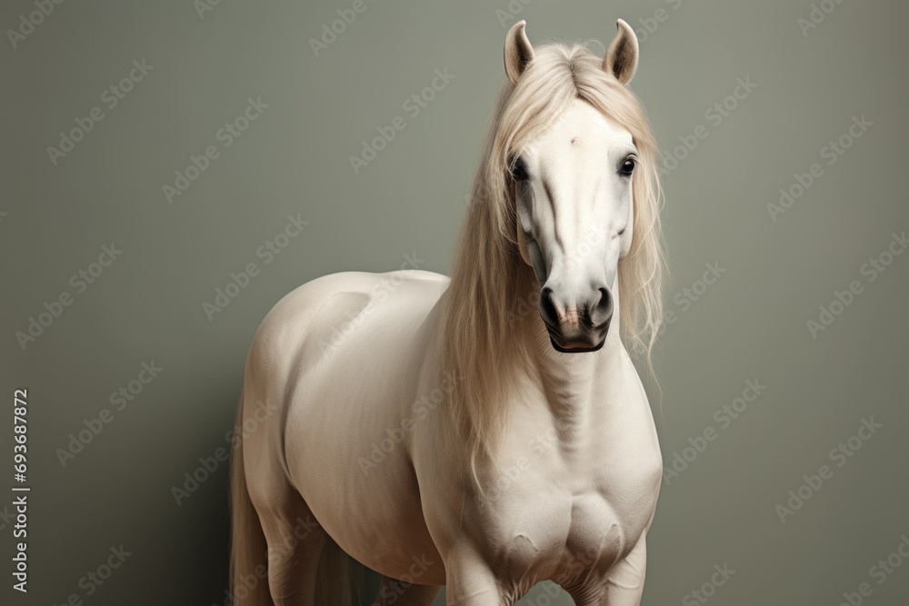 A horse of the Andalusian breed with a white coat color and a light mane. Concept: Unique thoroughbred stallion. A majestic artiodactyl animal. Light background
