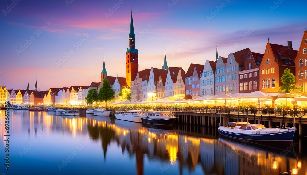 Naklejka premium oil painting on canvas, Scenic summer evening view of the Old Town pier architecture in Lubeck, Germany.