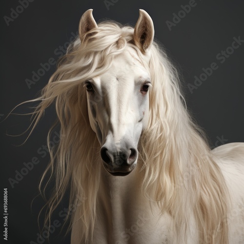 Andalusian horse with white coat color and light mane. Concept  Unique thoroughbred mare. A majestic artiodactyl animal. 